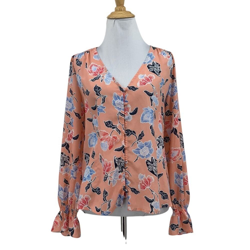 Joie Blouse Womens S Small Pink Floral Bolona Button Up V Neck Flutter Cuff